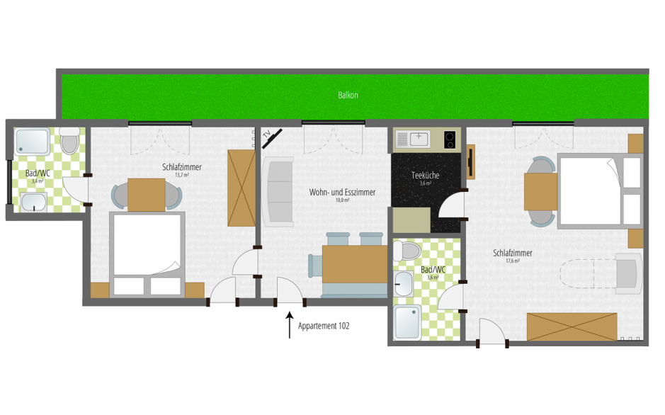 Apartment for 2 to 5 persons room layout